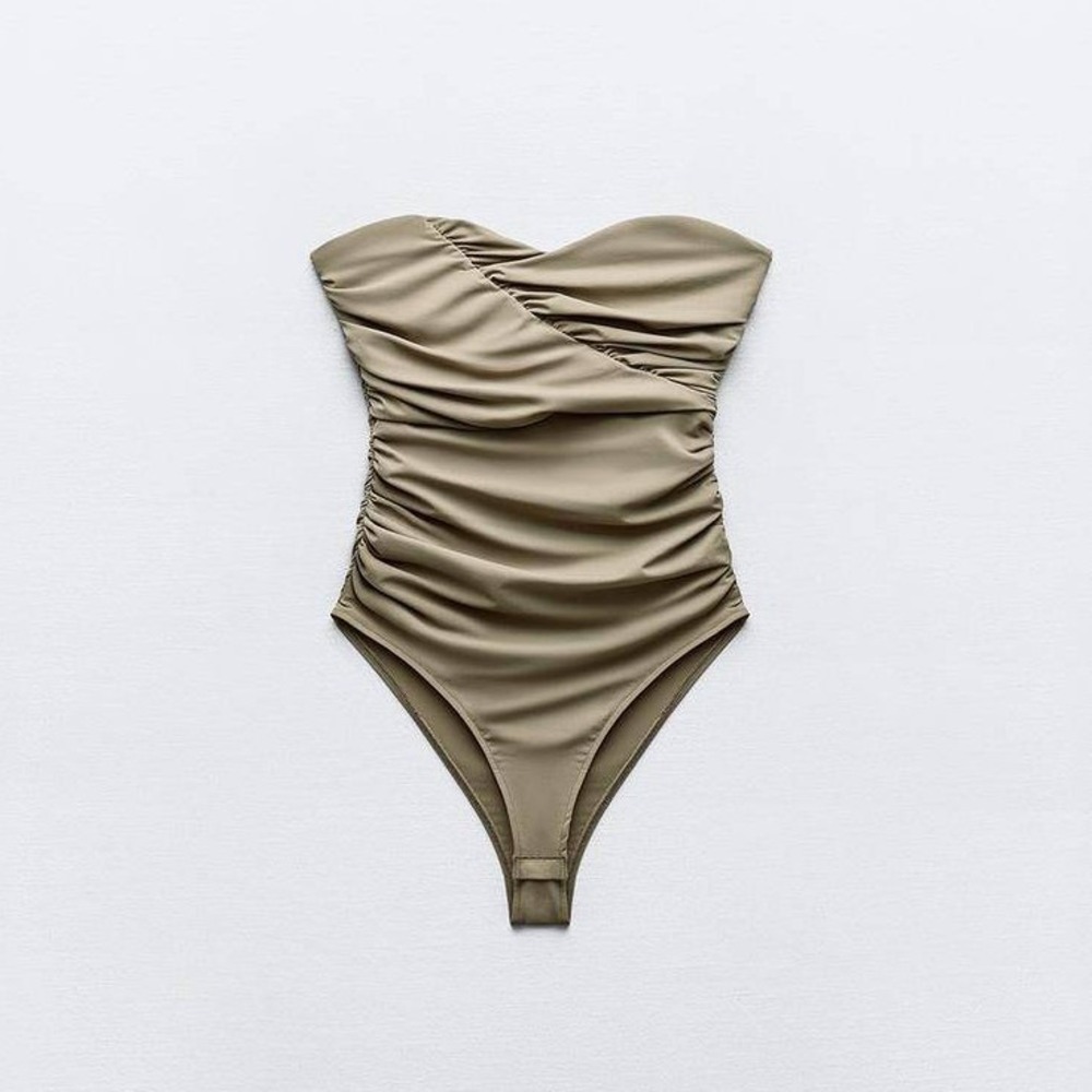 Zara Sexy Sweetheart Neck Strapless Ruched Bodysuit Women's M Olive Green